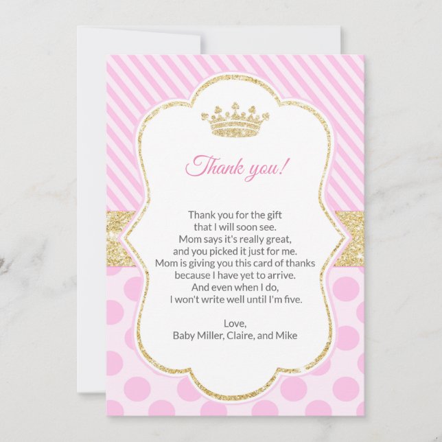 Tarjeta De Agradecimiento Princesa Baby Shower le agradece cardar el oro (Anverso)