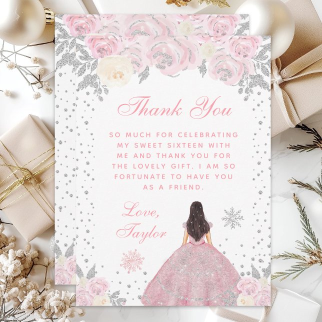 Tarjeta De Agradecimiento Princesa Cabello Castaño Invierno Rosa Dulces Diec (Subido por el creador)