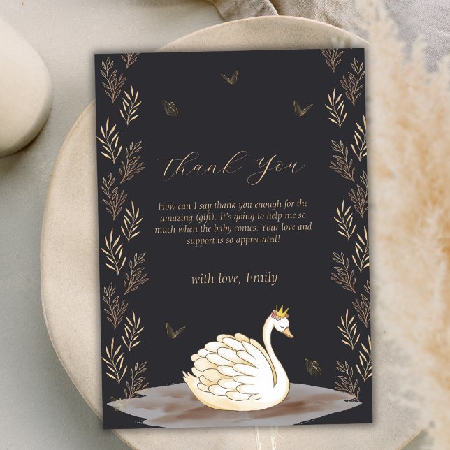 Tarjeta De Agradecimiento Princesa Cisne de Oro Negro Baby Shower  (Black Gold Princess Swan Butterfly Baby Shower Thank You Card)
