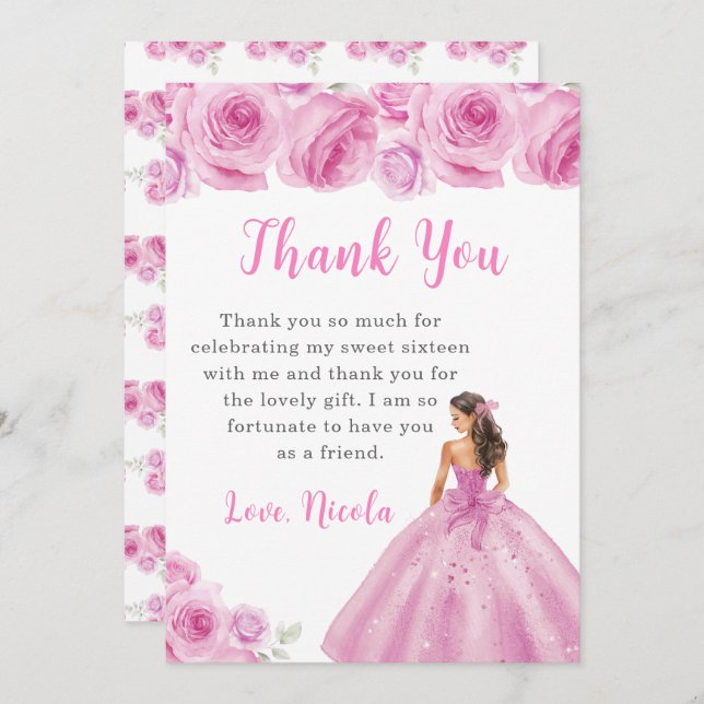 Tarjeta De Agradecimiento Princesa con un vestido rosa dulce Dieciséis graci (Anverso / Reverso)