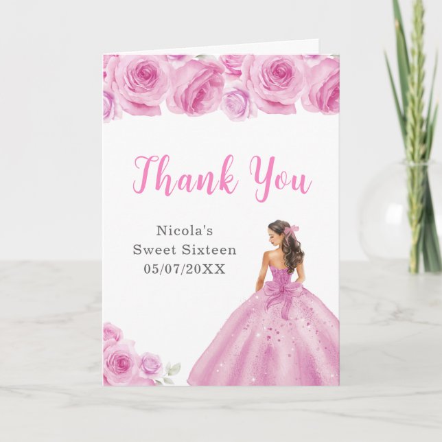 Tarjeta De Agradecimiento Princesa con un vestido rosa dulce Dieciséis graci (Anverso)