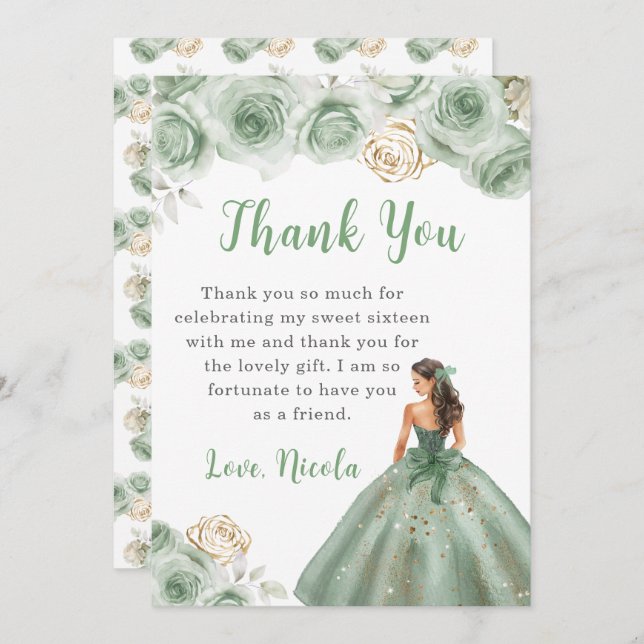 Tarjeta De Agradecimiento Princesa con un vestido verde dulce Dieciséis grac (Anverso / Reverso)