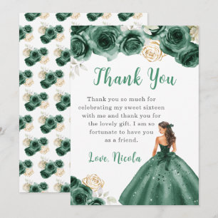 Tarjeta De Agradecimiento Princesa con un vestido verde oscuro dulce 16 Grac