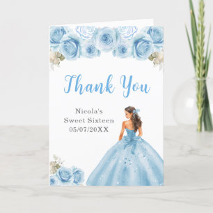 Tarjeta De Agradecimiento Princesa con vestido azul dulce Dieciséis gracias