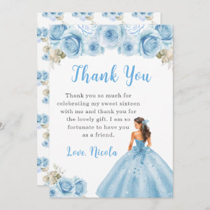 Tarjeta De Agradecimiento Princesa con vestido azul dulce Dieciséis gracias