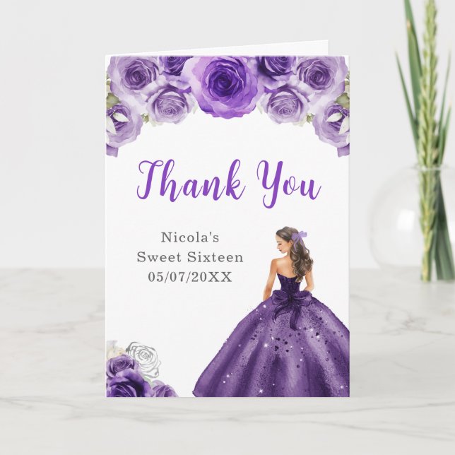 Tarjeta De Agradecimiento Princesa con vestido morado oscuro dulce 16 Gracia (Anverso)