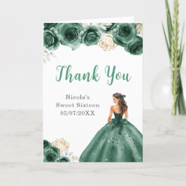 Tarjeta De Agradecimiento Princesa con vestido verde oscuro dulce 16 Gracias