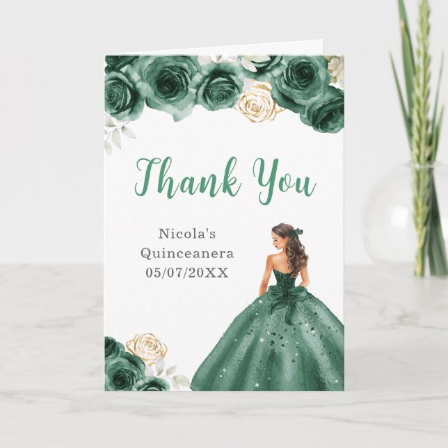 Tarjeta De Agradecimiento Princesa con vestido verde oscuro Quinceanera Grac (Anverso)