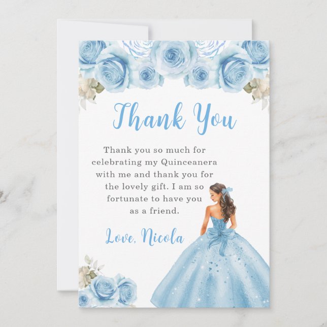 Tarjeta De Agradecimiento Princesa con vestimenta azul Quinceanera Gracias (Anverso)