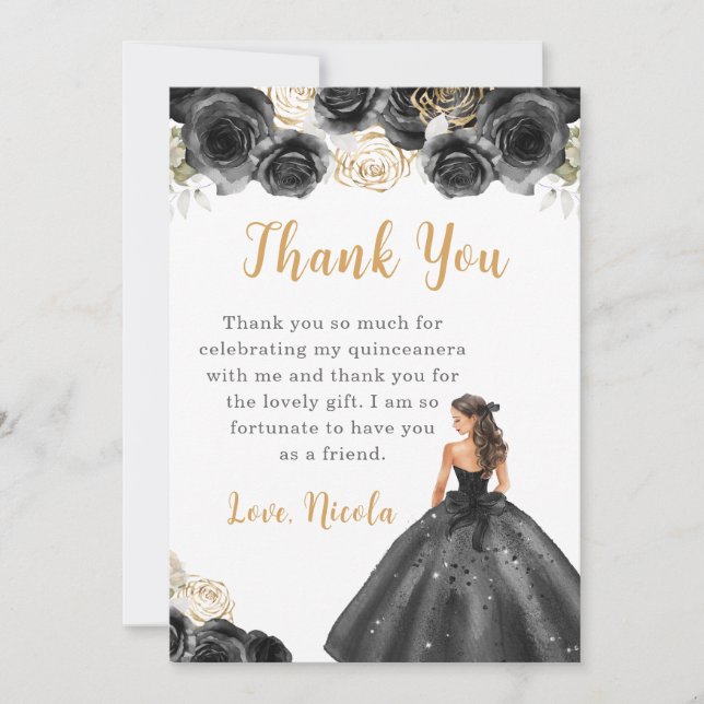 Tarjeta De Agradecimiento Princesa con vestimenta negra Quinceanera Gracias (Anverso)