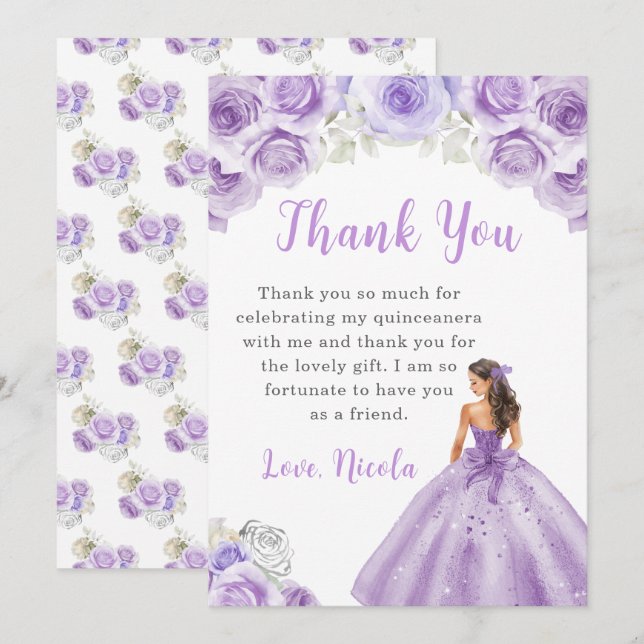 Tarjeta De Agradecimiento Princesa con vestimenta púrpura Quinceanera Gracia (Anverso / Reverso)