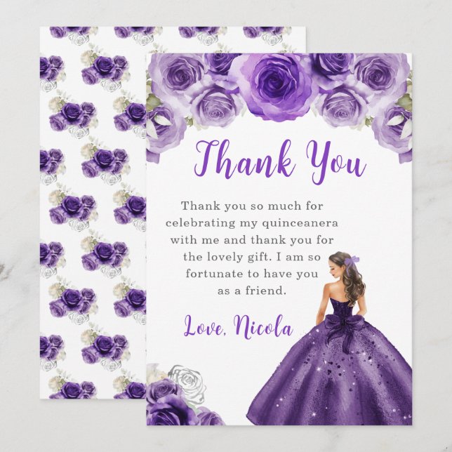 Tarjeta De Agradecimiento Princesa con vestimenta púrpura Quinceanera Gracia (Anverso / Reverso)