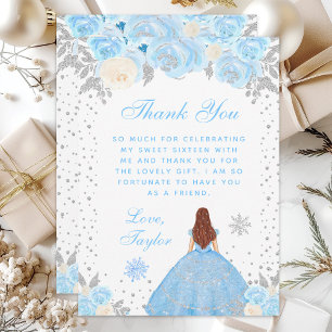 Tarjeta De Agradecimiento Princesa de Cabello Castaño Invierno Azul Cumple D