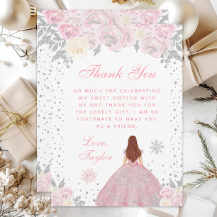 Tarjeta De Agradecimiento Princesa de Cabello Marrón Invernal Rosa Dulces Di