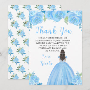 Tarjeta De Agradecimiento Princesa de Cabello Marrón Quinceañera Floral Azul