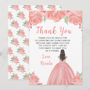 Tarjeta De Agradecimiento Princesa de Cabello Marrón Quinceañera Floral Rosa