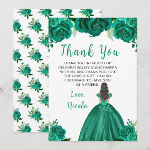Tarjeta De Agradecimiento Princesa de Cabello Marrón Quinceañera Floral Verd