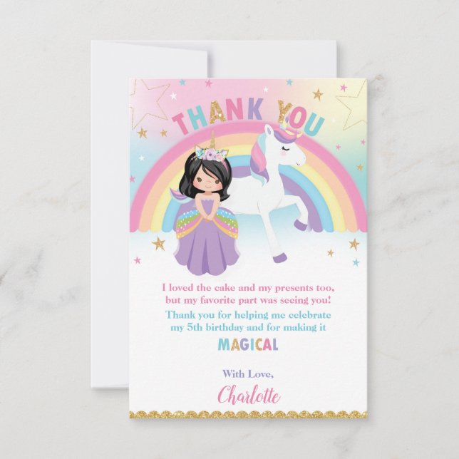 Tarjeta De Agradecimiento Princesa de cabello negra y cumpleaños de Unicorni (Anverso)