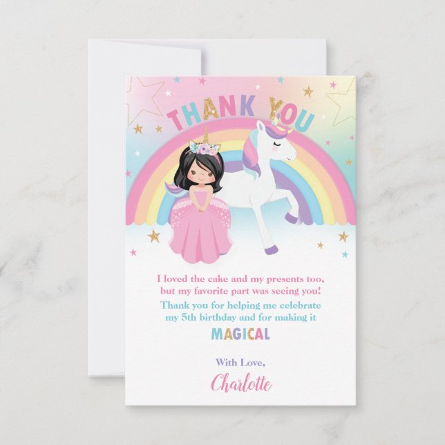 Tarjeta De Agradecimiento Princesa de cabello negra y cumpleaños de Unicorni (Anverso)