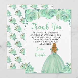 Tarjeta De Agradecimiento Princesa de Cabello Rubio Mint Floral Quinceañera