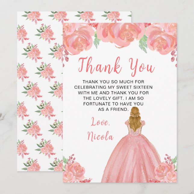 Tarjeta De Agradecimiento Princesa de Cabello Rubio Rosa Dulces Dieciséis (Anverso / Reverso)