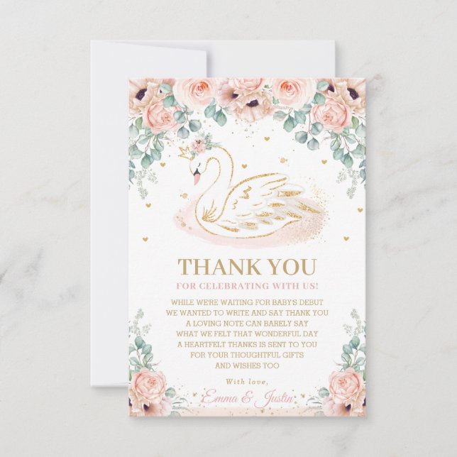 Tarjeta De Agradecimiento Princesa de cisne Rubor Floral rosa Baby Shower (Anverso)