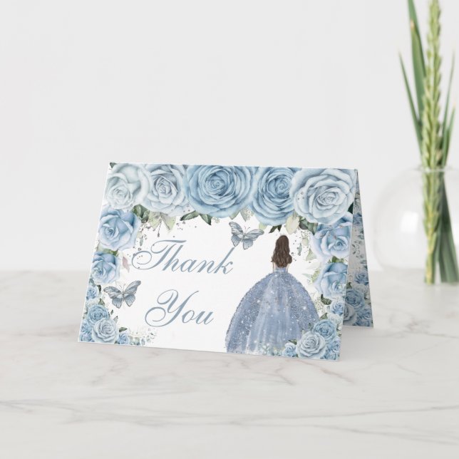 Tarjeta De Agradecimiento Princesa de cumpleaños de Quinceañera floral azul  (Anverso)