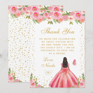 Tarjeta De Agradecimiento Princesa de Dieciséis Años de Piel Oscura con Flor