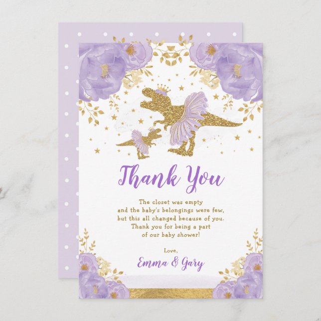 Tarjeta De Agradecimiento Princesa de oro morado Dinosaurio Tutu Tiara Niña (Anverso / Reverso)