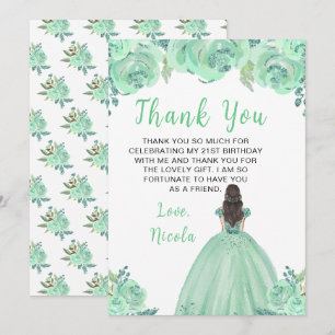 Tarjeta De Agradecimiento Princesa de pelo castaño Cumpleaños floral de ment