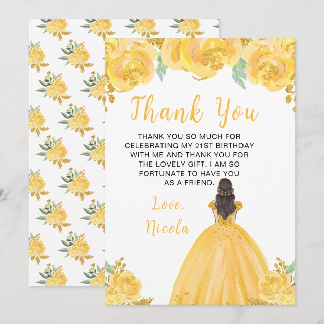 Tarjeta De Agradecimiento Princesa de pelo castaño fiesta de cumpleaños flor (Anverso / Reverso)