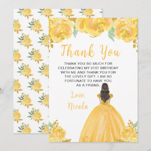 Tarjeta De Agradecimiento Princesa de pelo castaño fiesta de cumpleaños flor