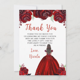 Tarjeta De Agradecimiento Princesa de pelo marrón Dulce Floral Rojo Dieciséi