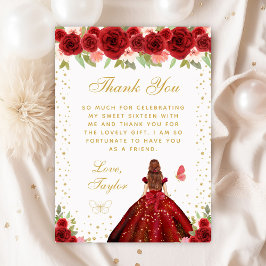 Tarjeta De Agradecimiento Princesa de pelo marrón floral rojo dulce dieciséi