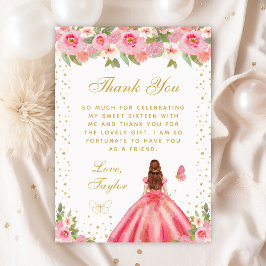 Tarjeta De Agradecimiento Princesa de pelo marrón floral rosa dulce dieciséi