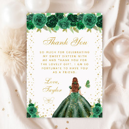 Tarjeta De Agradecimiento Princesa de pelo marrón floral verde dulce diecisé