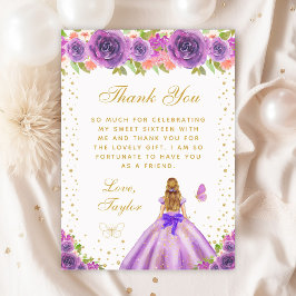 Tarjeta De Agradecimiento Princesa de pelo morado floral morado dulce diecis