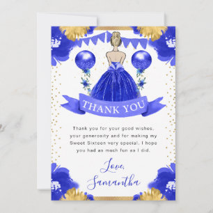 Tarjeta De Agradecimiento Princesa de pelo rubio vestido azul Dulces 16