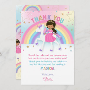 Tarjeta De Agradecimiento Princesa de piel marrón y cumpleaños de Unicornio 