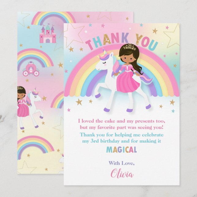Tarjeta De Agradecimiento Princesa de piel marrón y cumpleaños de Unicornio  (Anverso / Reverso)