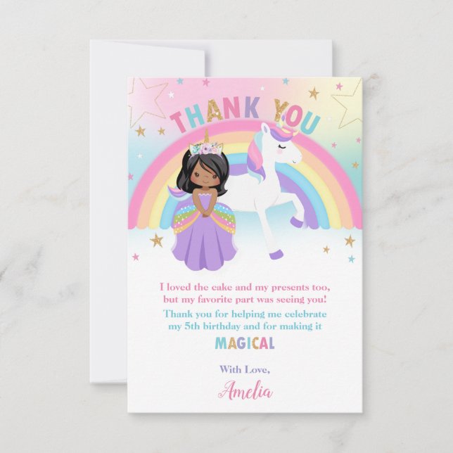 Tarjeta De Agradecimiento Princesa de piel marrón y cumpleaños de Unicornio  (Anverso)