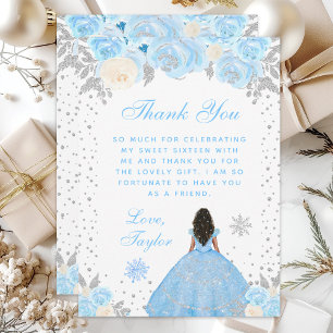 Tarjeta De Agradecimiento Princesa de Piel Oscura de Invierno Azul Cumple Du