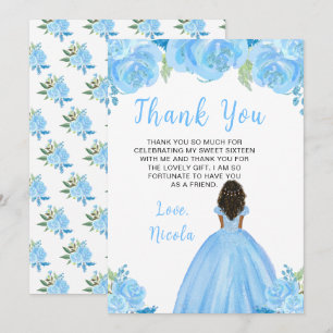 Tarjeta De Agradecimiento Princesa de Piel Oscura Floral Azul Dulces Diecisé