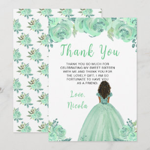 Tarjeta De Agradecimiento Princesa de Piel Oscura Menta Floral Dulces Diecis