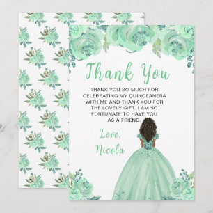 Tarjeta De Agradecimiento Princesa de Piel Oscura Mint Floral Quinceañera