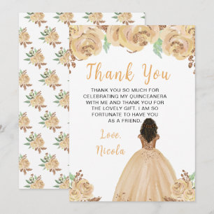 Tarjeta De Agradecimiento Princesa de piel oscura Peach Floral Quinceañera