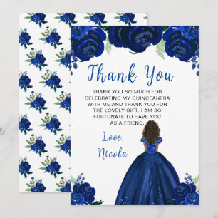 Tarjeta De Agradecimiento Princesa de piel oscura Quinceañera floral navy