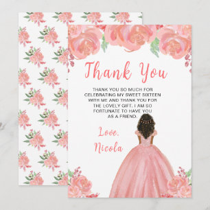 Tarjeta De Agradecimiento Princesa de Piel Oscura Rosa Floral Dulces Diecisé
