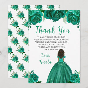 Tarjeta De Agradecimiento Princesa de piel oscura vestido floral verde Quinc