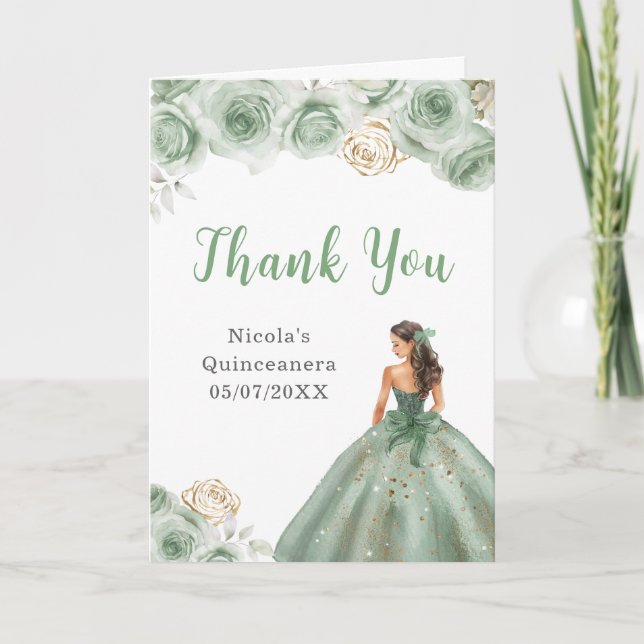 Tarjeta De Agradecimiento Princesa de Sage Green Vestida Quinceanera Gracias (Anverso)